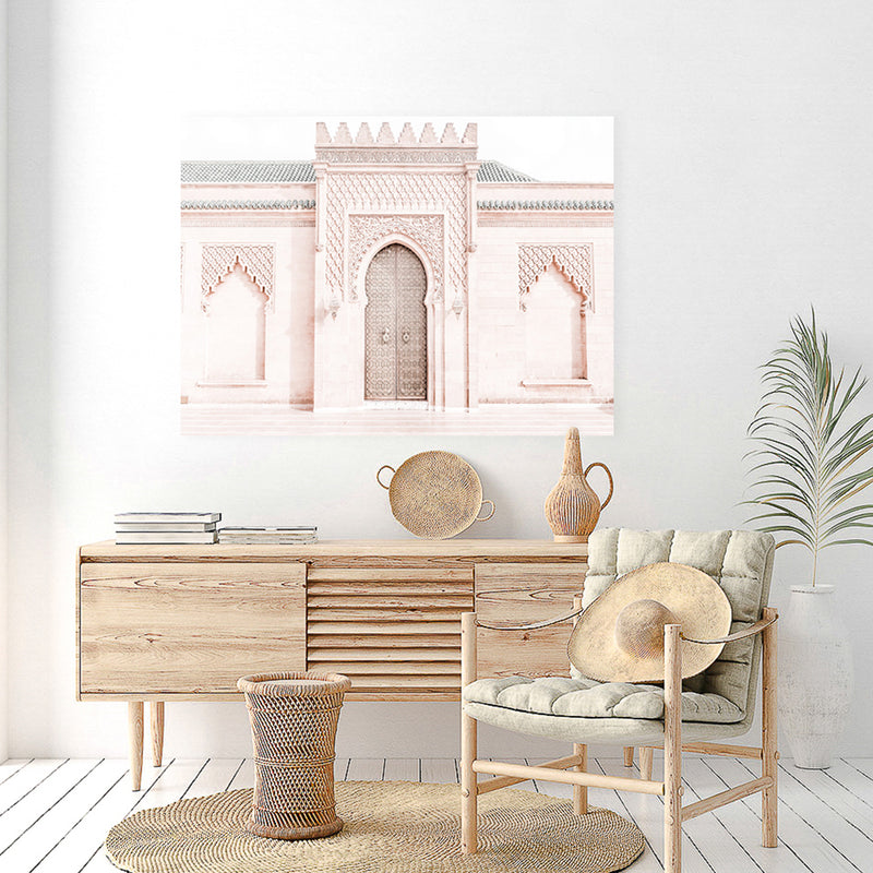 Shop Moroccan Building Photo Canvas Art Print-Boho, Landscape, Moroccan Days, Neutrals, Photography, Photography Canvas Prints, Pink, View All-framed wall decor artwork