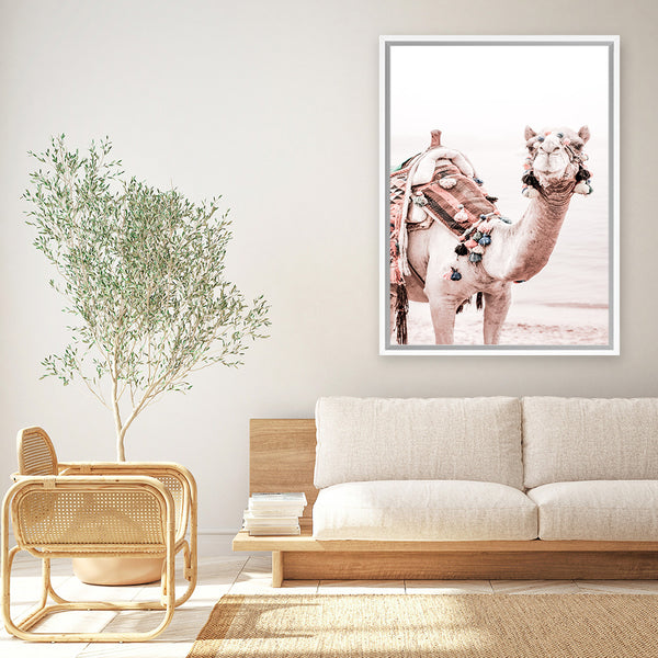 Shop Bedouin Camel I Photo Canvas Art Print-Animals, Baby Nursery, Boho, Moroccan Days, Photography, Photography Canvas Prints, Pink, Portrait, View All-framed wall decor artwork