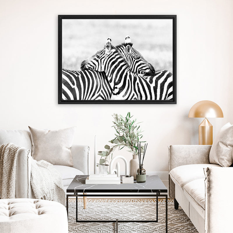 Shop Zebra Hug Photo Canvas Art Print-African, Animals, Black, Landscape, Photography, Photography Canvas Prints, View All, White-framed wall decor artwork