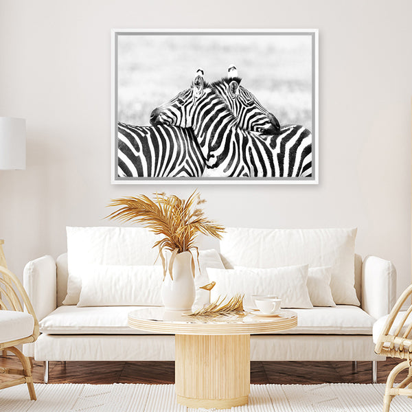 Shop Zebra Hug Photo Canvas Art Print-African, Animals, Black, Landscape, Photography, Photography Canvas Prints, View All, White-framed wall decor artwork