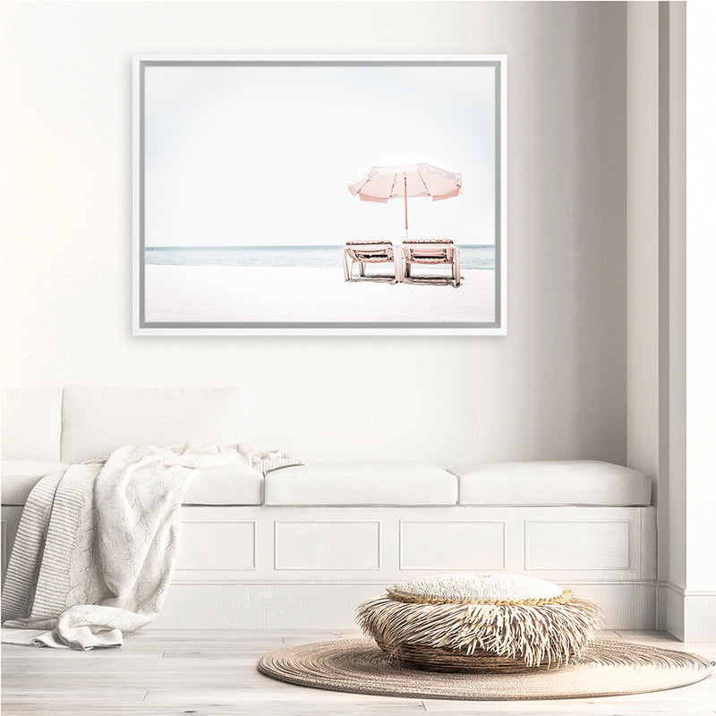 Shop Pink Parasol II Photo Canvas Print-Boho, Coastal, Landscape, Photography Canvas Prints, Tropical, View All, White-framed wall decor artwork