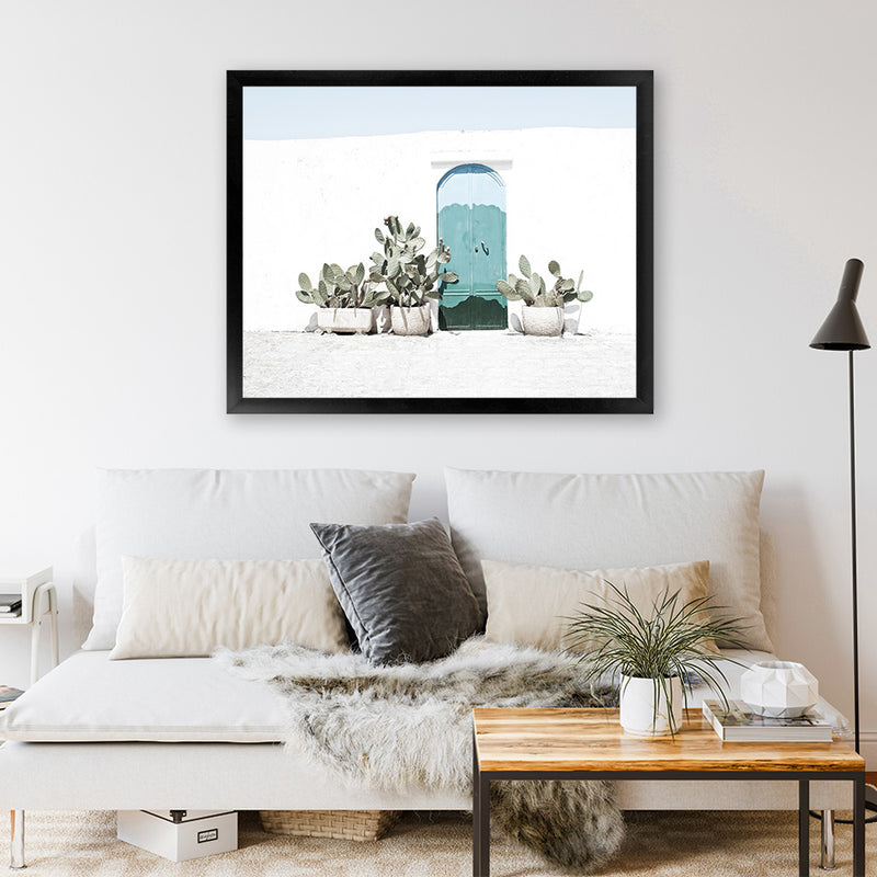 Shop Cactus Doorway Photo Art Print-Blue, Boho, Botanicals, Green, Landscape, Moroccan Days, Photography, Tropical, View All, White-framed poster wall decor artwork
