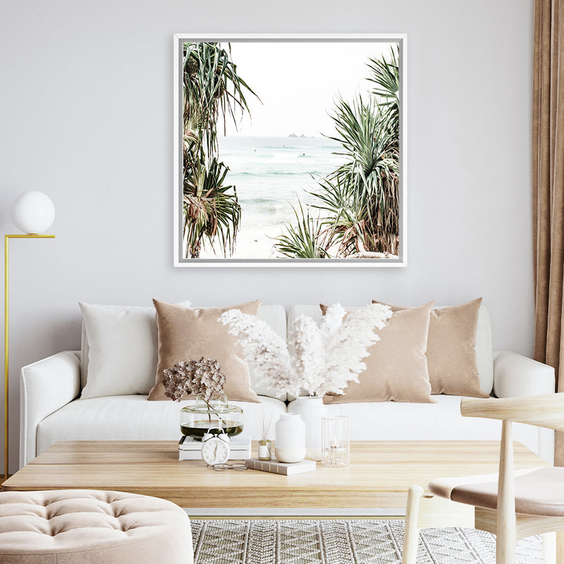 Shop Wategos Views (Square) Photo Canvas Art Print-Boho, Coastal, Green, Photography, Photography Canvas Prints, Square, Tropical, View All, White-framed wall decor artwork