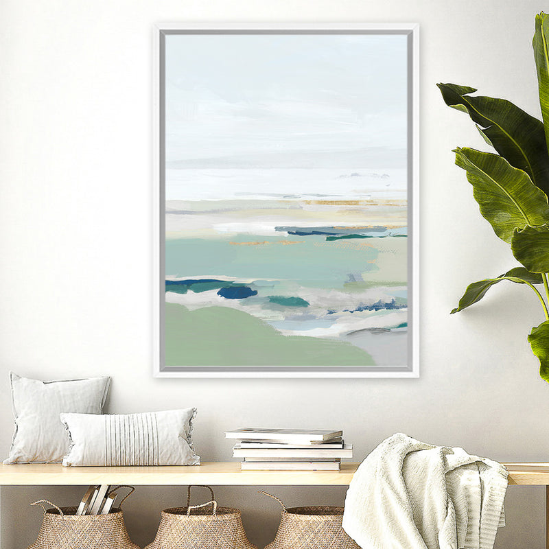 Shop Burbank Blue I Canvas Art Print-Abstract, Green, PC, Portrait, Rectangle, View All, White-framed wall decor artwork