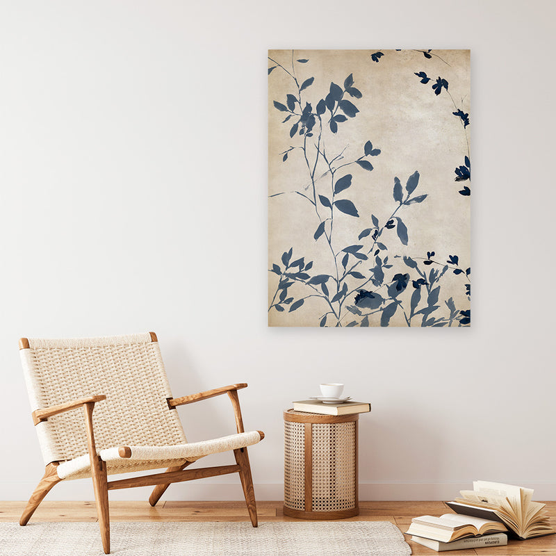 Shop Indigo Leaves Touch I Canvas Art Print-Abstract, Blue, Neutrals, PC, Portrait, Rectangle, View All-framed wall decor artwork