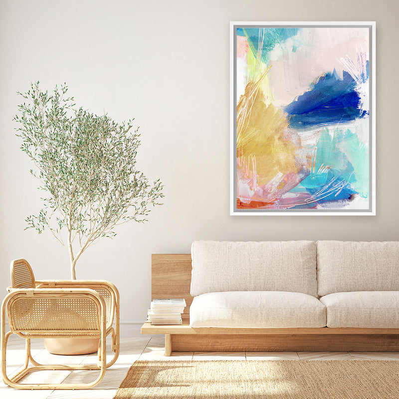 Shop Cha Cha I Canvas Art Print-Abstract, Blue, PC, Portrait, Rectangle, View All, Yellow-framed wall decor artwork