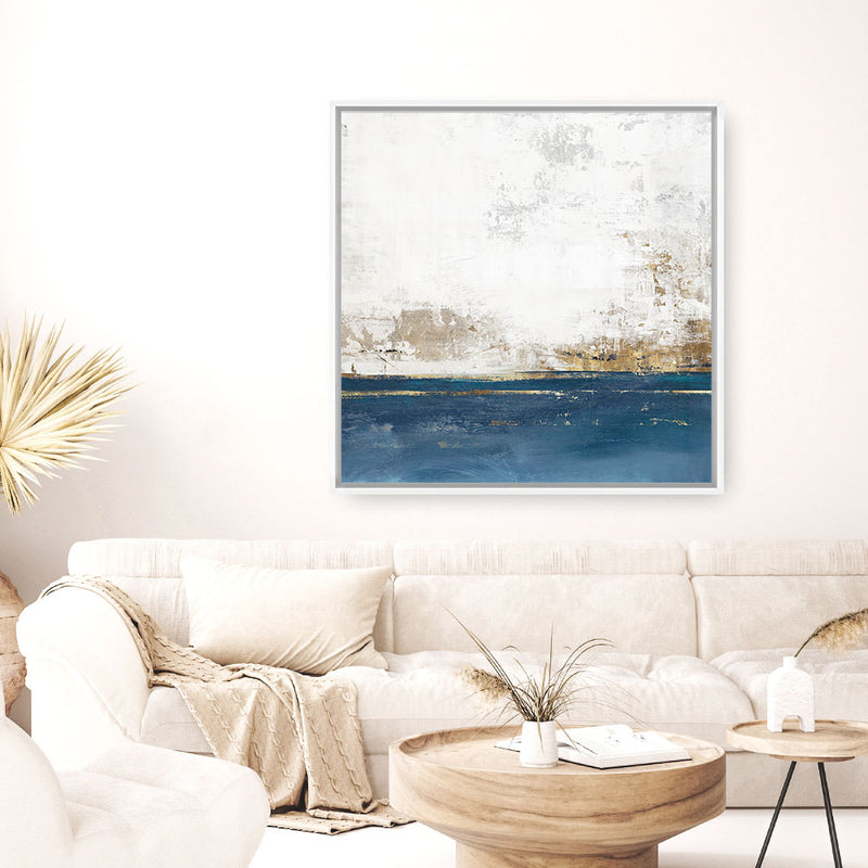 Shop Golden Horizon I (Square) Canvas Art Print-Abstract, Blue, Neutrals, PC, Square, View All-framed wall decor artwork