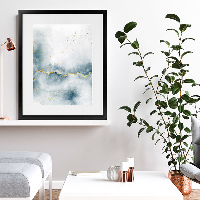 Shop Flow with Gold III Art Print-Abstract, Blue, Portrait, Rectangle, View All, WA, White-framed painted poster wall decor artwork