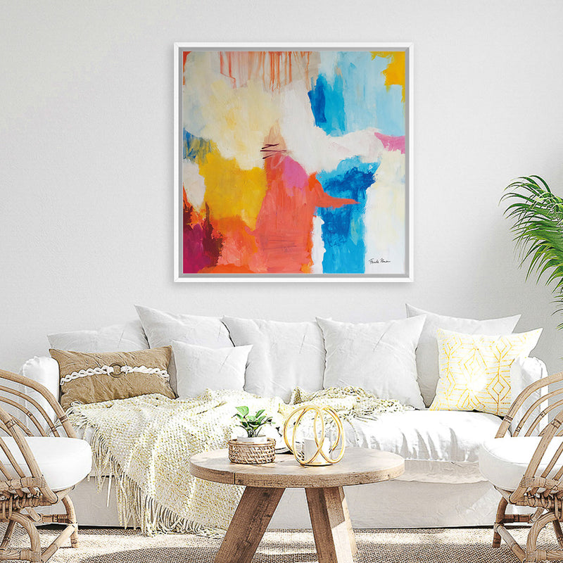 Shop Feeling Zen (Square) Canvas Art Print-Abstract, Blue, Orange, Square, View All, WA, Yellow-framed wall decor artwork