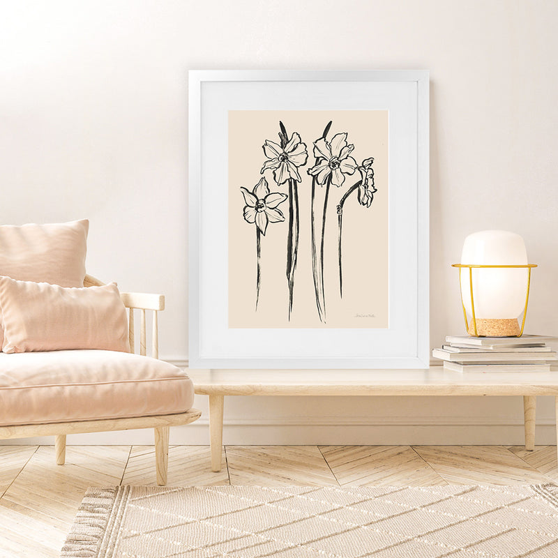 Shop Ink Sketch Daffodils Art Print-Black, Botanicals, Portrait, Rectangle, View All, WA-framed painted poster wall decor artwork