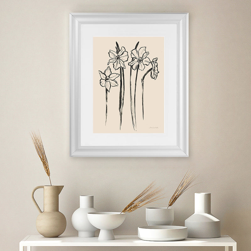 Shop Ink Sketch Daffodils Art Print-Black, Botanicals, Portrait, Rectangle, View All, WA-framed painted poster wall decor artwork