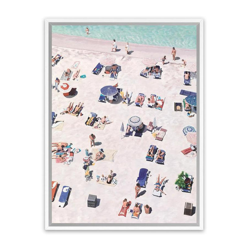 Shop Beach Bathers Canvas Art Print-Amalfi Coast Italy, Blue, Coastal, Neutrals, People, Pink, Portrait, Tropical, View All-framed wall decor artwork