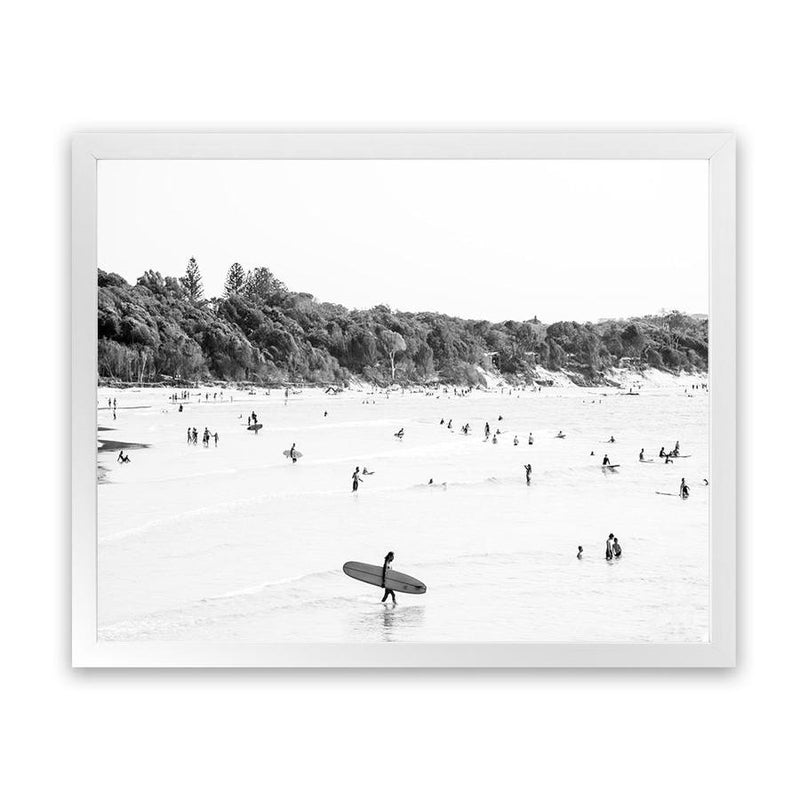 Shop Byron Surfer I B&W Photo Art Print-Black, Coastal, Landscape, People, Photography, Tropical, View All, White-framed poster wall decor artwork