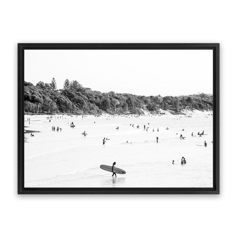 Shop Byron Surfer I B&W Photo Canvas Art Print-Black, Coastal, Landscape, People, Photography, Photography Canvas Prints, Tropical, View All, White-framed wall decor artwork