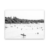 Shop Byron Surfer I B&W Photo Canvas Art Print-Black, Coastal, Landscape, People, Photography, Photography Canvas Prints, Tropical, View All, White-framed wall decor artwork