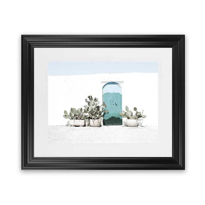 Shop Cactus Doorway Photo Art Print-Blue, Boho, Botanicals, Green, Landscape, Moroccan Days, Photography, Tropical, View All, White-framed poster wall decor artwork