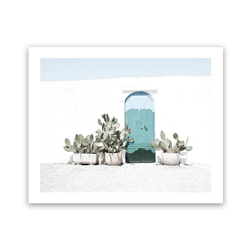 Shop Cactus Doorway Photo Art Print-Blue, Boho, Botanicals, Green, Landscape, Moroccan Days, Photography, Tropical, View All, White-framed poster wall decor artwork