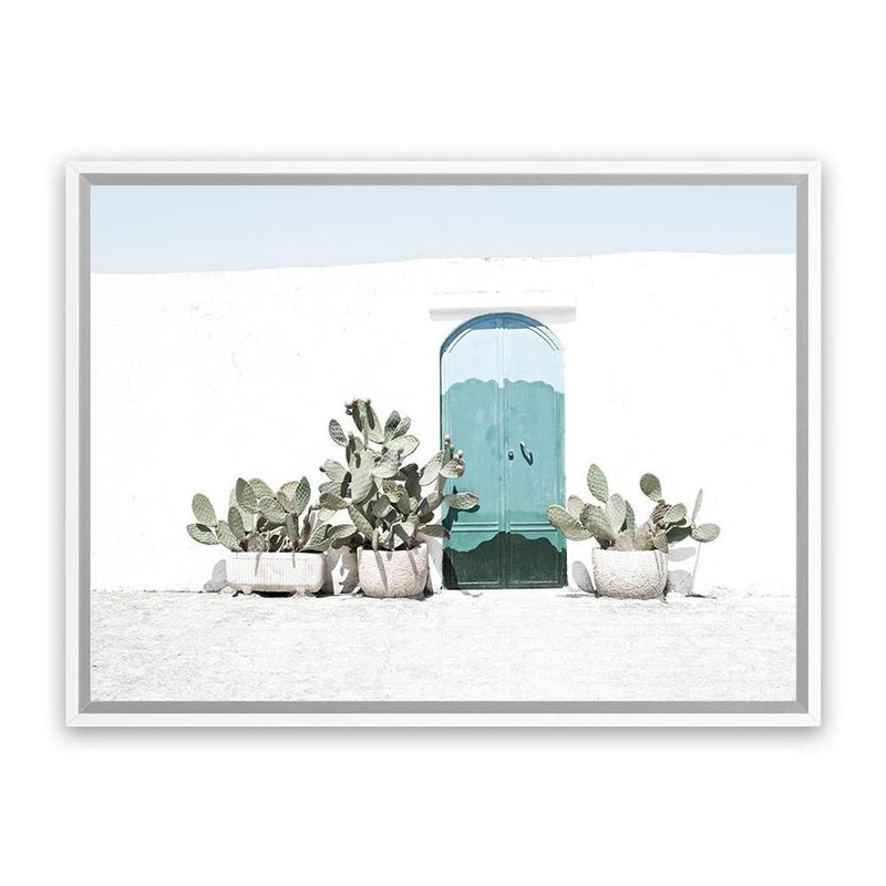 Shop Cactus Doorway Photo Canvas Art Print-Blue, Boho, Botanicals, Green, Landscape, Moroccan Days, Photography, Photography Canvas Prints, Tropical, View All, White-framed wall decor artwork
