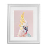 Shop Charlie The Cockatoo (Pink) Art Print-Animals, Baby Nursery, Birds, Pink, Portrait, Tropical, View All, Yellow-framed painted poster wall decor artwork