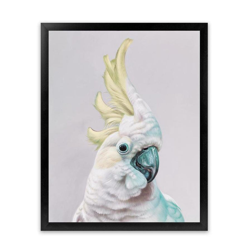 Shop Charlie The Cockatoo (Ice) Art Print-Animals, Baby Nursery, Birds, Pink, Portrait, Tropical, View All, White, Yellow-framed painted poster wall decor artwork